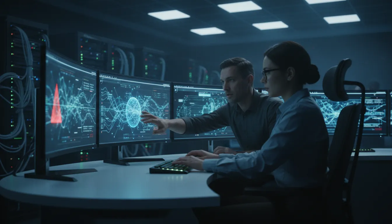 Cybersecurity analyst monitoring multiple screens showing network traffic and security alerts in a dark operations center