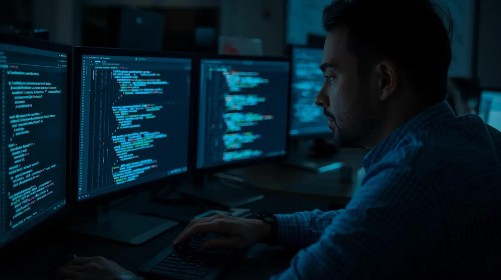 Security researcher examining exploit code on multiple monitors in dark workspace