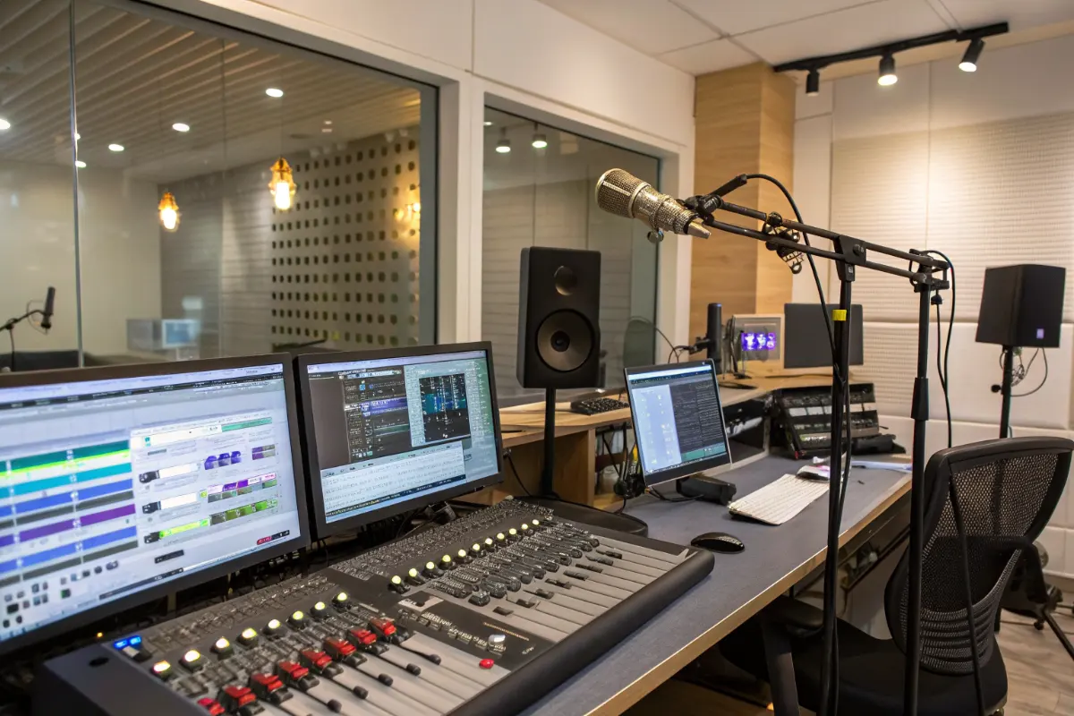 SploitCast podcast recording studio with microphones and computer screens displaying security data